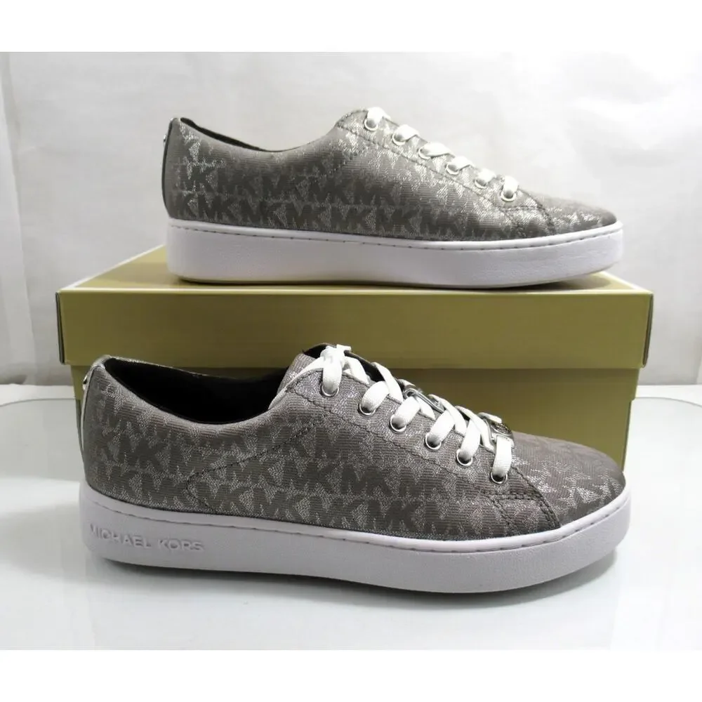 Michael Kors Keaton Lace Up Designer Sneakers MK Logo Silver Size 7.5